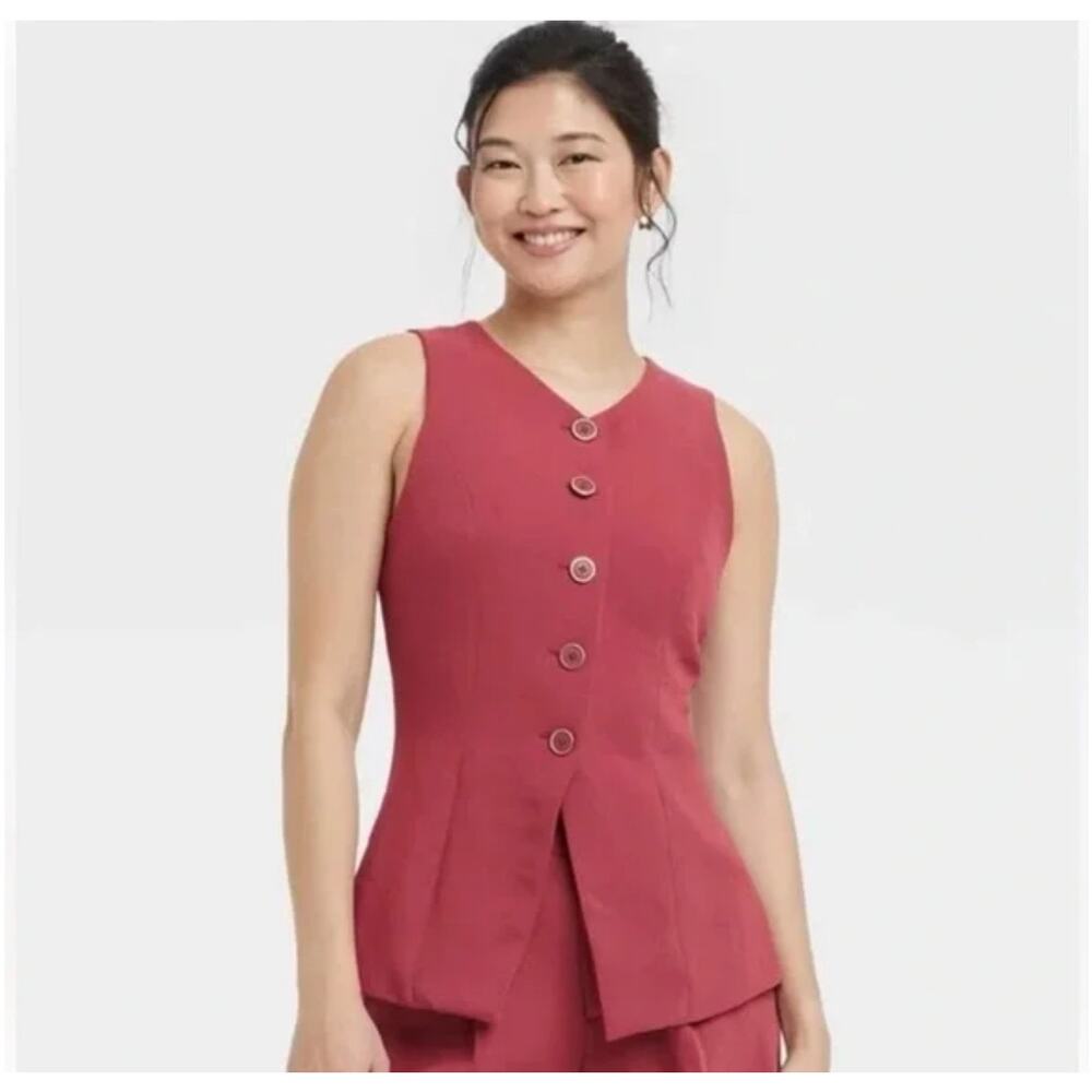 Tailored Vest Top Red/ Rose Button Front NWT